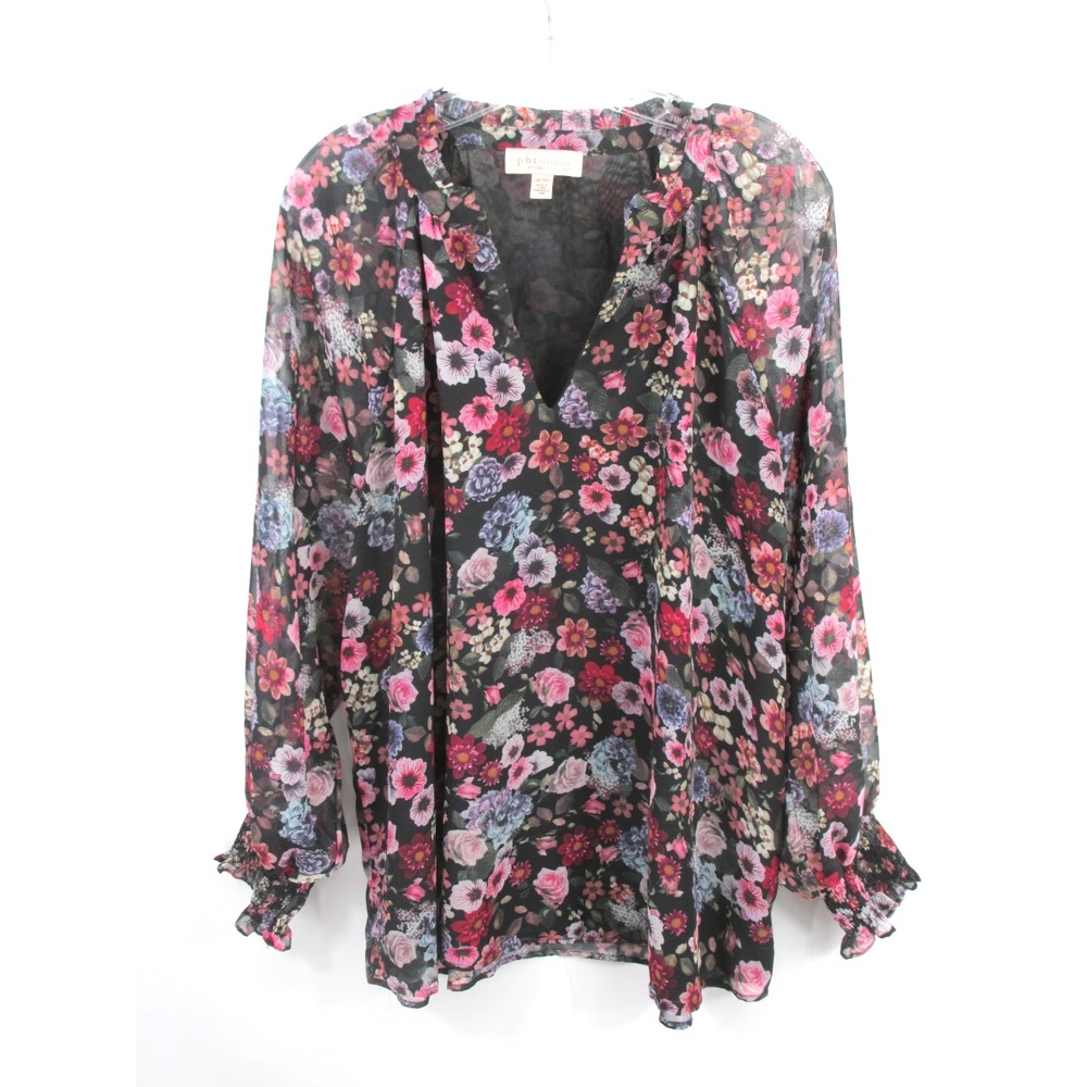 Philosophy Black Floral Tunic Blouse Ruffle V-Neck Puff Sleeve Plus Size 2X